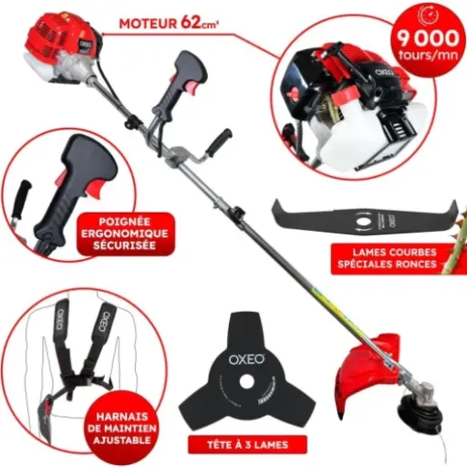 Avis Oxeo Débroussailleuse thermique 62 cm³ : une 2-en-1 puissante pour gros terrains