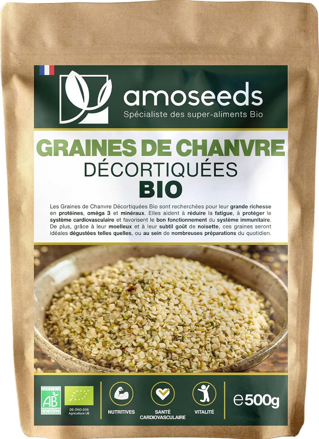 Graines de Chanvre Décortiquées Bio 500G - Origine EU, Protéines végétales, Anti-fatigue - Qualité Supérieure