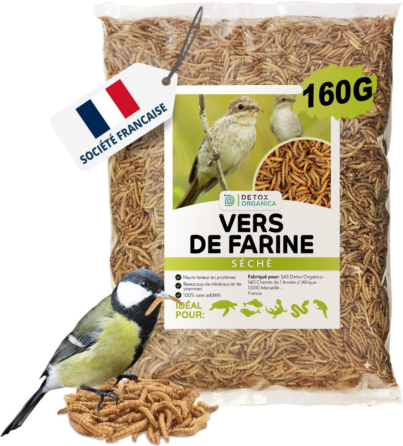 Vers de Farine séchés, 160gr, Friandises pour Oiseaux, Poissons, Tortues, Hérissons, Rongeurs et Reptiles