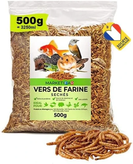 Vers de Farine séchés - 500g = 3250L de Nourriture pour Poissons, Oiseaux, Tortues, Hérissons, Rongeurs et Reptiles (2KG)
