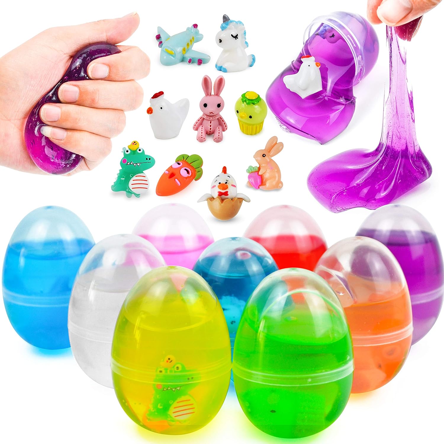 JOYIN 9 Pièces Oeuf de Paques de Slime, avec Cristal Et Mini Figurines en Résin pour Enfants Chasse Aux Oeufs De Pâques, Paniers De Pâques, Cadeaux De Fête De Pâques pour Enfants