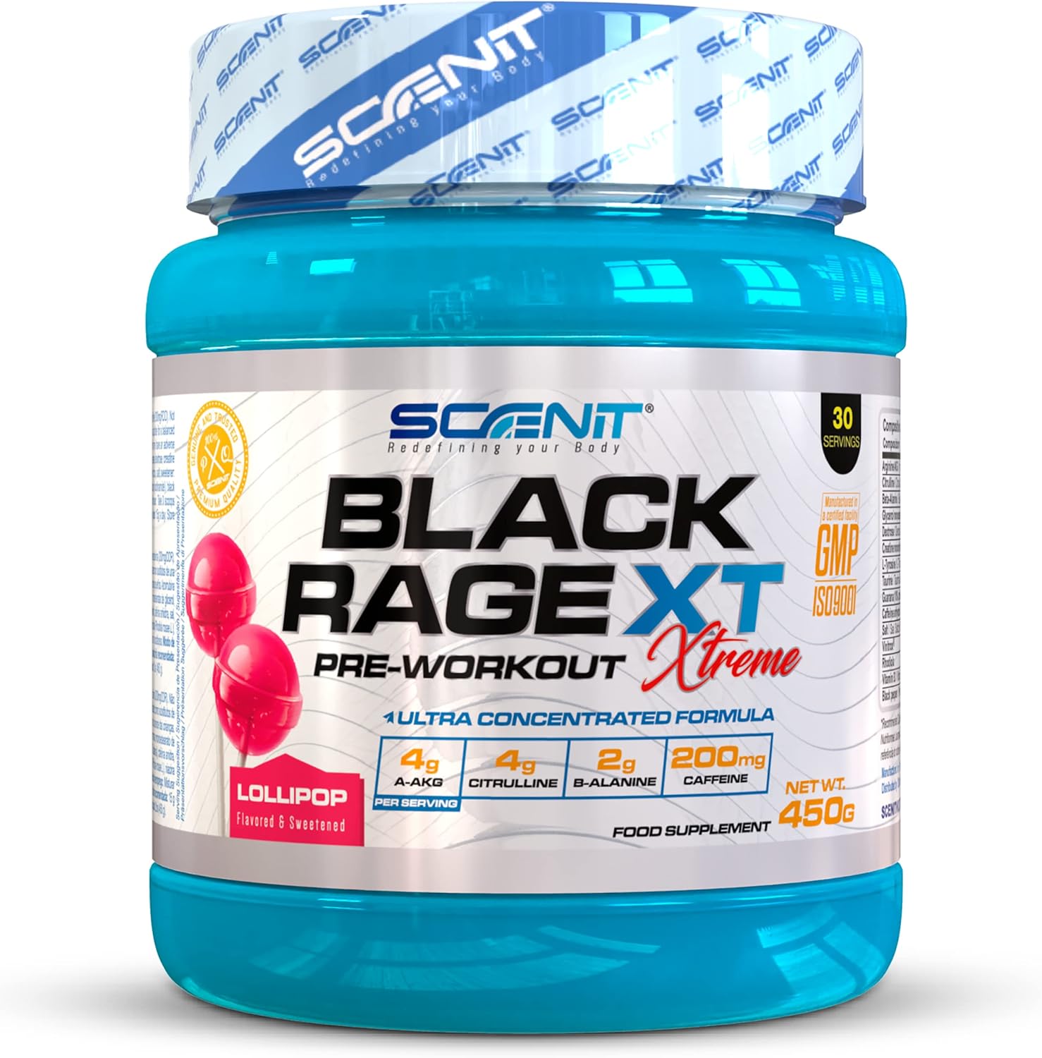 Pre Workout - Black Rage Xtreme - Pré entraînement avec L Arginine, Beta Alanine, L Citrulline, Creatine Monohydrate, Caféine - Preworkout muscu (450 g) (Saveur Sucette)