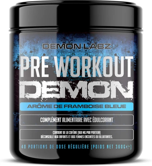 Pre Workout Demon – Complément puissant pré-entrainement avec créatine, caféine, bêta-alanine et glutamine (Framboise Bleue, 360 g (Lot de 1))