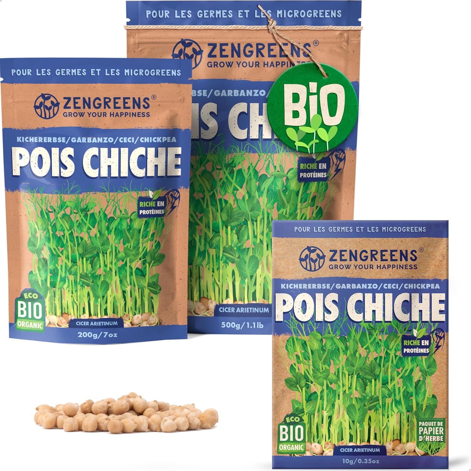 ZenGreens® - Graines de pois chiche bio - Choisissez entre 10g, 200g et 500g - Graines de pois chiche avec un taux de germination supérieur à 97% - Microgreens 500 g (Lot de 1) Graines de pois chiche bio