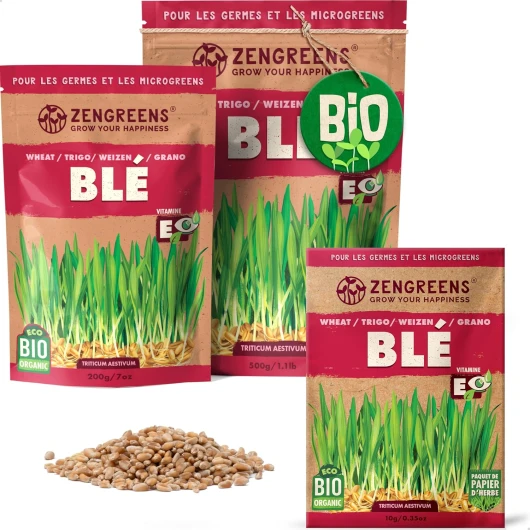 ZenGreens® - Graines de blé bio - Choisissez entre 10g, 200g et 500g - Graines de blé avec un taux de germination supérieur à 97% - Microgreens