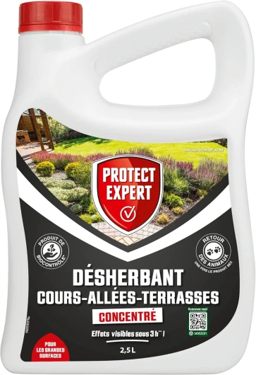 Désherbant Concentré - Cours Allées Terrasses - Effets visibles sous 3h - 2,5 L - Jusqu’à 150m² traités - Bidon doseur PROCOUR25N