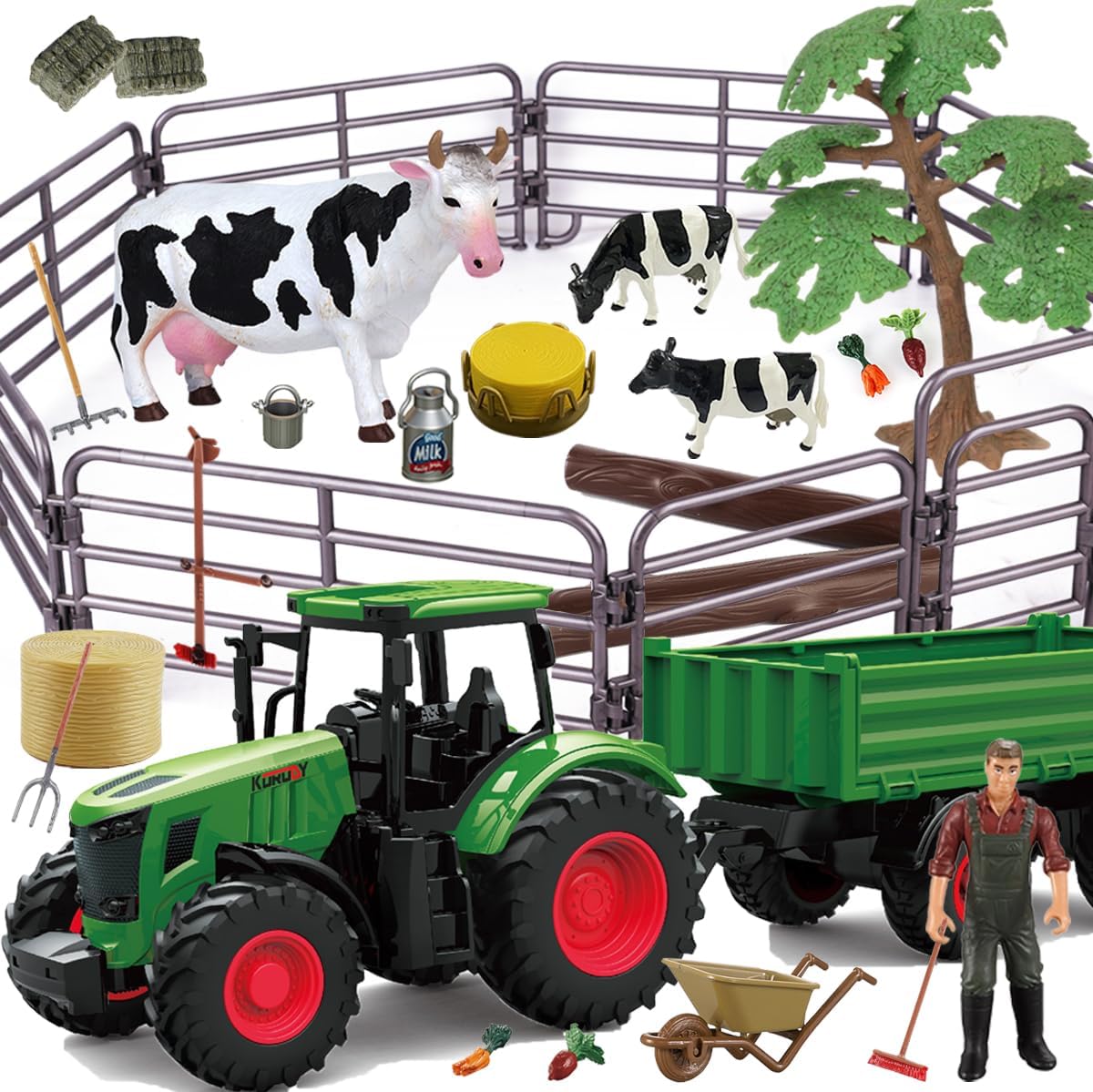 Ensemble d'animaux de la Ferme Jouets Tracteur - Tracteur avec remorque, clôture, Fermier, Arbre, Vache, Ensemble de Ferme pour Filles, garçons et Enfants de 3 à 7 Ans