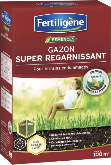 FERTILIGENE REGAR100 - Semences Gazon Super Regarnissant 2 kg - Premières pousses en 1 semaine - Regarnit les zones abîmées et comble les trous - Excellence résistance aux piétinements - Pour 100 m²