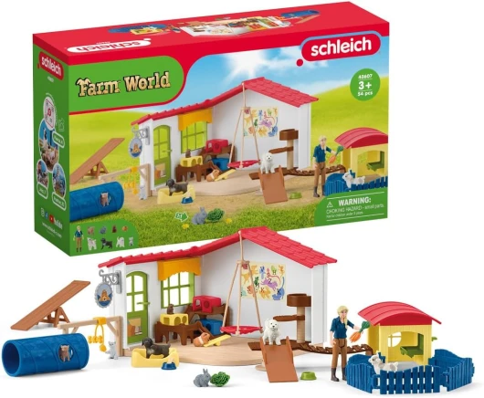 42607 FARM WORLD- Hôtel des Animaux de la Ferme - Grand coffret de 54 Pièces de Jouets Schleich avec Chien, Chat, Lapin, Accessoires et Plus - Cadeau Jouet 3 ans et +