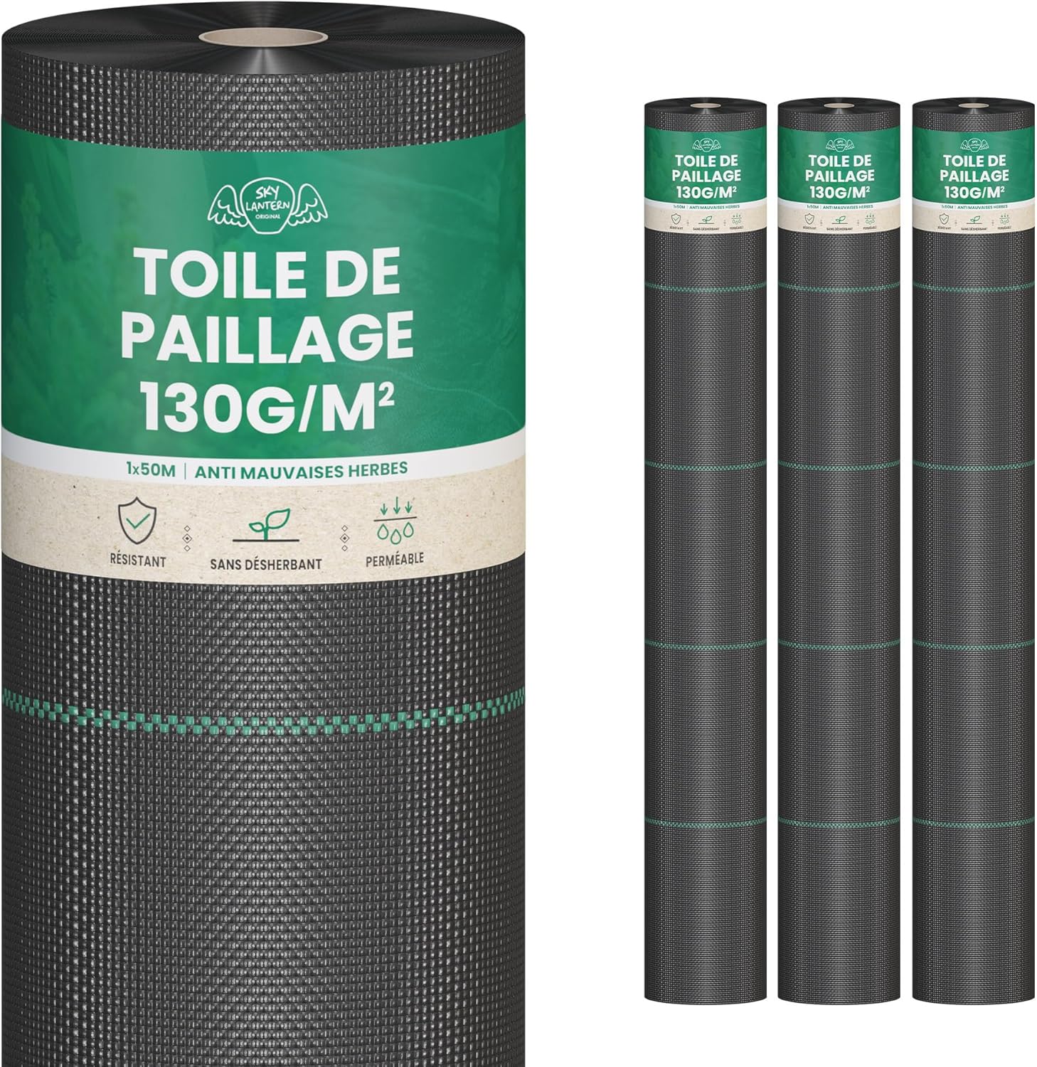 150m2 de Toile de Paillage Anti-Mauvaise Herbe 130g/m² très épais - Lot de 3 Rouleaux Geotextile Anti Repousse Gravier 50mx1 (3x50m2 = 150m2) pour Terrasses et Allées - Bache Anti Mauvaise Herbe