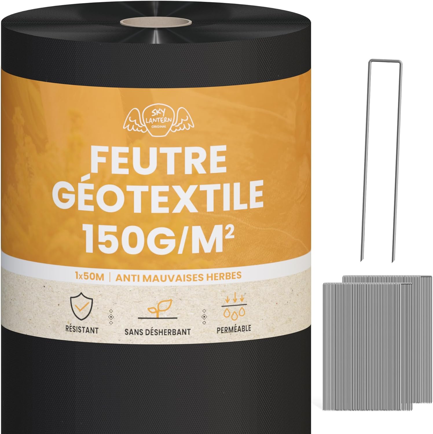 Toile de Paillage 150g/m² très épais avec 100 agrafe toile paillage - intissé Anti Repousse Gravier 50Mx1M (50m2) pour Terrasses et Allées - Bache Noire Agricole 150g + 100 sardines de fixation