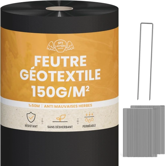 Toile de Paillage 150g/m² très épais avec 100 agrafe toile paillage - intissé Anti Repousse Gravier 50Mx1M (50m2) pour Terrasses et Allées - Bache Noire Agricole 150g + 100 sardines de fixation