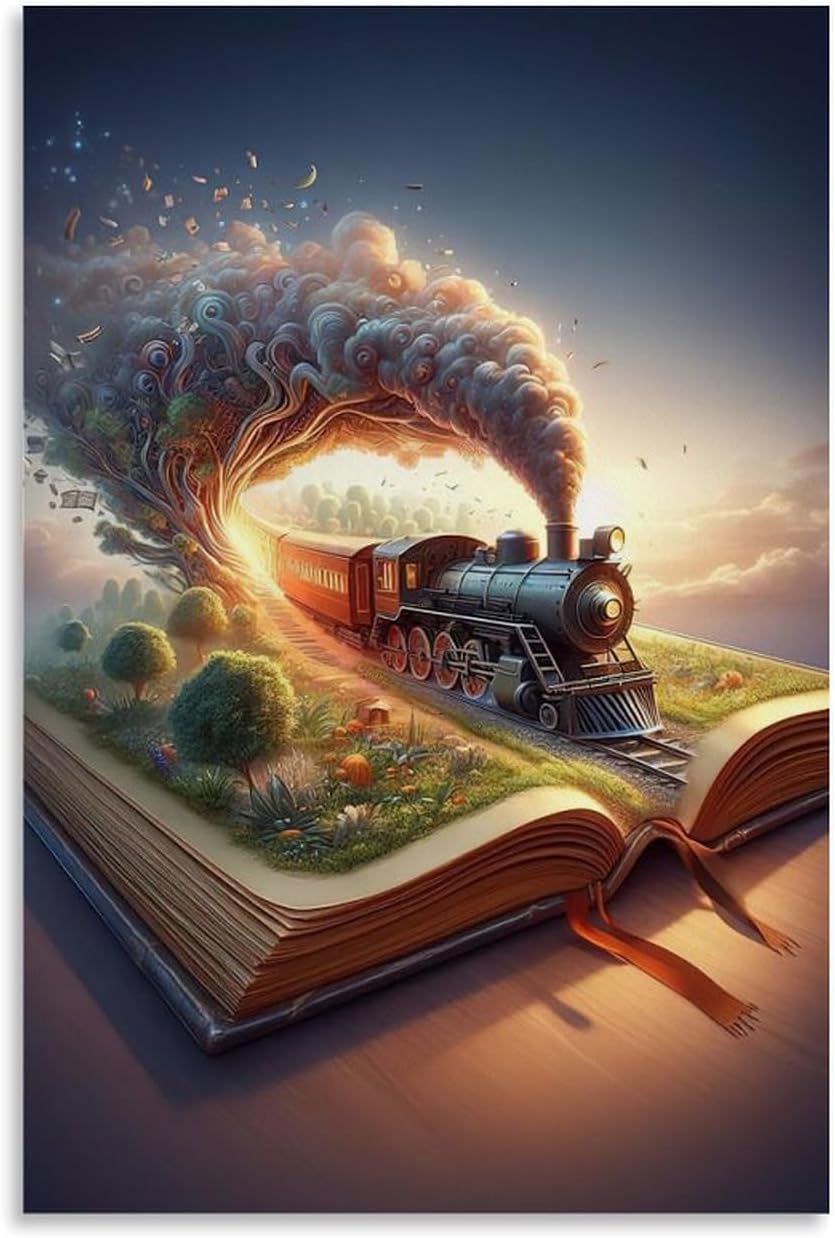 XMLCYD Poster d'art représentant un train au sommet d'un livre ouvert - Décoration murale moderne à suspendre - 20 x 30 cm
