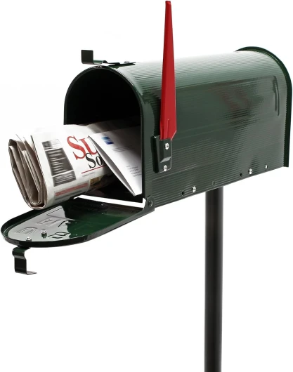 Kit Boîte aux lettres américaine et pied de support, 180 x 220 x 480 mm, Couleur verte, Acier galvanisé, Boîte postale US Mailbox avec fanion rouge
