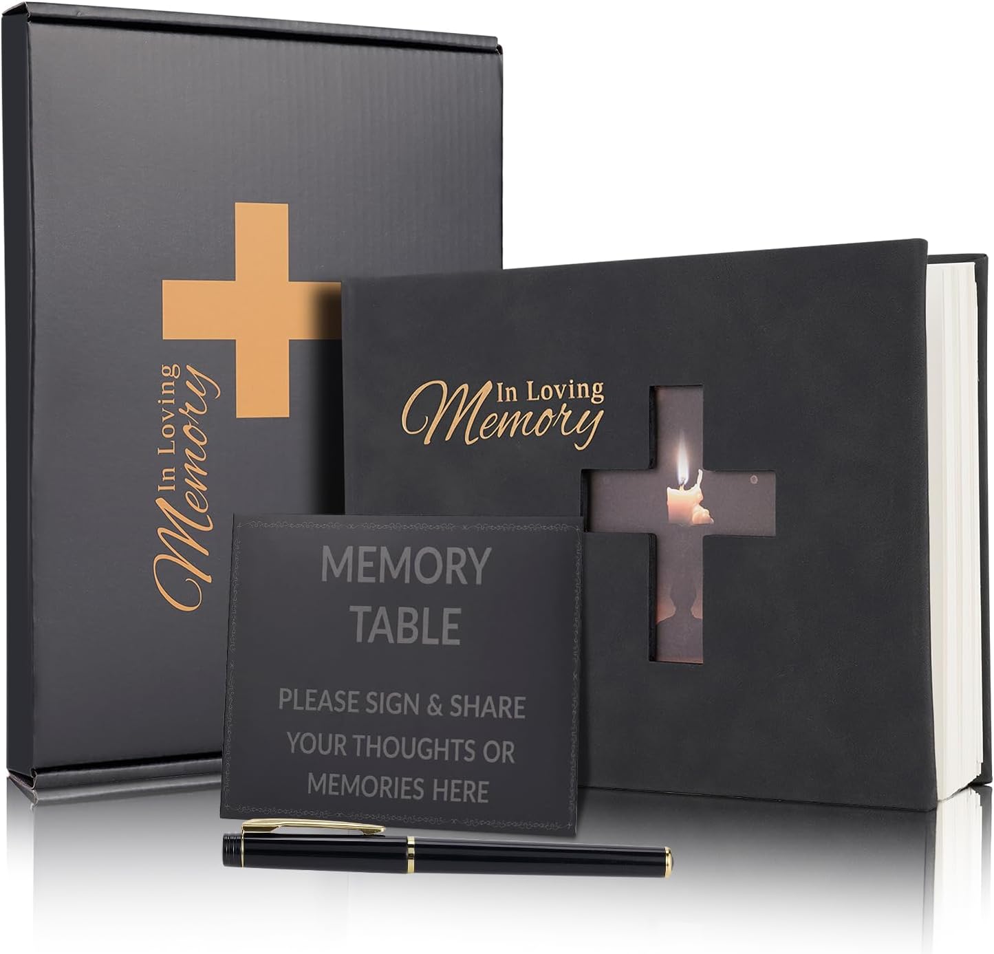 Livre de condoléances de célébration de deuil, livre d'or funéraire relié en cuir sculpté, livre de condoléances avec logo de carte de table de mémoire et stylo, livre de mémoire de 100 pages