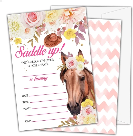 OICPYD Lot de 20 invitations d'anniversaire à remplir avec enveloppes sur le thème de la ferme hippique et florale pour filles et enfants (HA12)