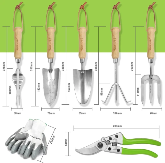 Outils de Jardinage, 8 Pièces, Ensemble de Jardinage en Acier Inoxydable Lourd avec Poignée de Bois, Sécateur, Gants, Sarcloir, Griffe, Fourche, Pelle à Terreau, Transplantoire pour Jardinier