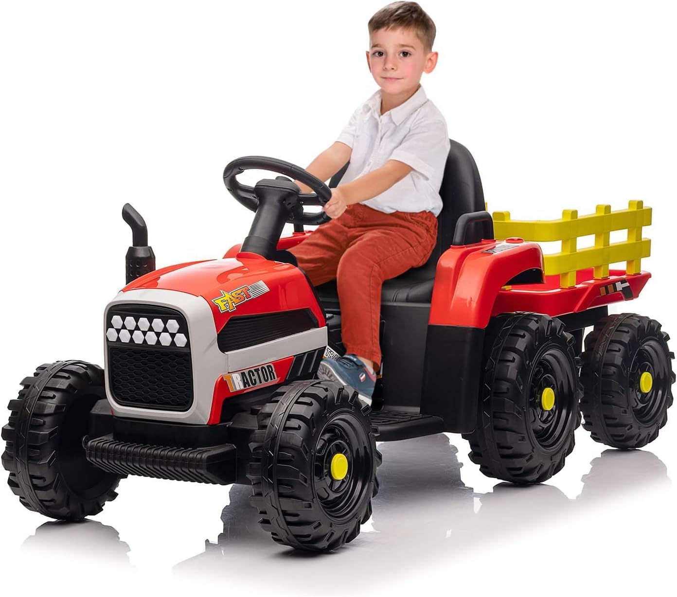 Lischwert Tracteur Électrique Enfant,Tracteur électrique Workers avec remorque,12V Enfant Charge 50KG Tracteur à Pédales avec Télécommande&Musique&Lumières LED&Klaxon (Rouge)