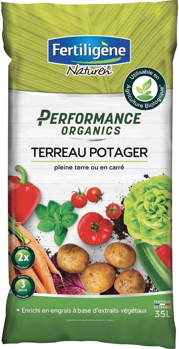 FERTILIGENE NATUREN POTPO35 - Terreau Potager Performance Organics UAB 35 L - Pour 2 fois plus de fleurs et de récoltes - Nourrit les cultures pendant 3 mois - Enrichi en engrais - Fabriqué en France
