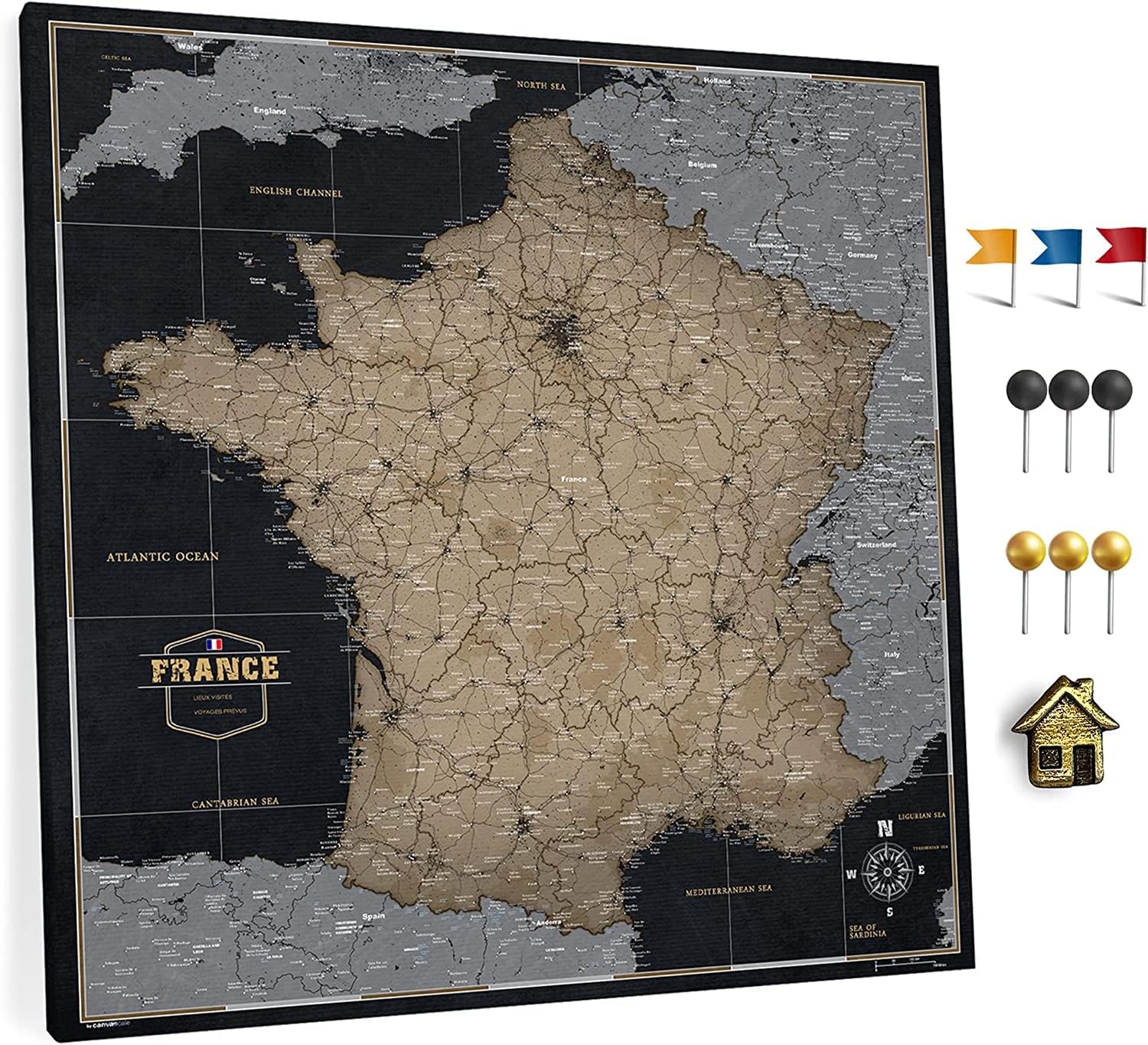 Carte de France sur toile avec tableau d'affichage en liège pour épingler les destinations - Tableaux de toile de carte de France de haute qualité de différentes tailles (60x60 cm, model 2)
