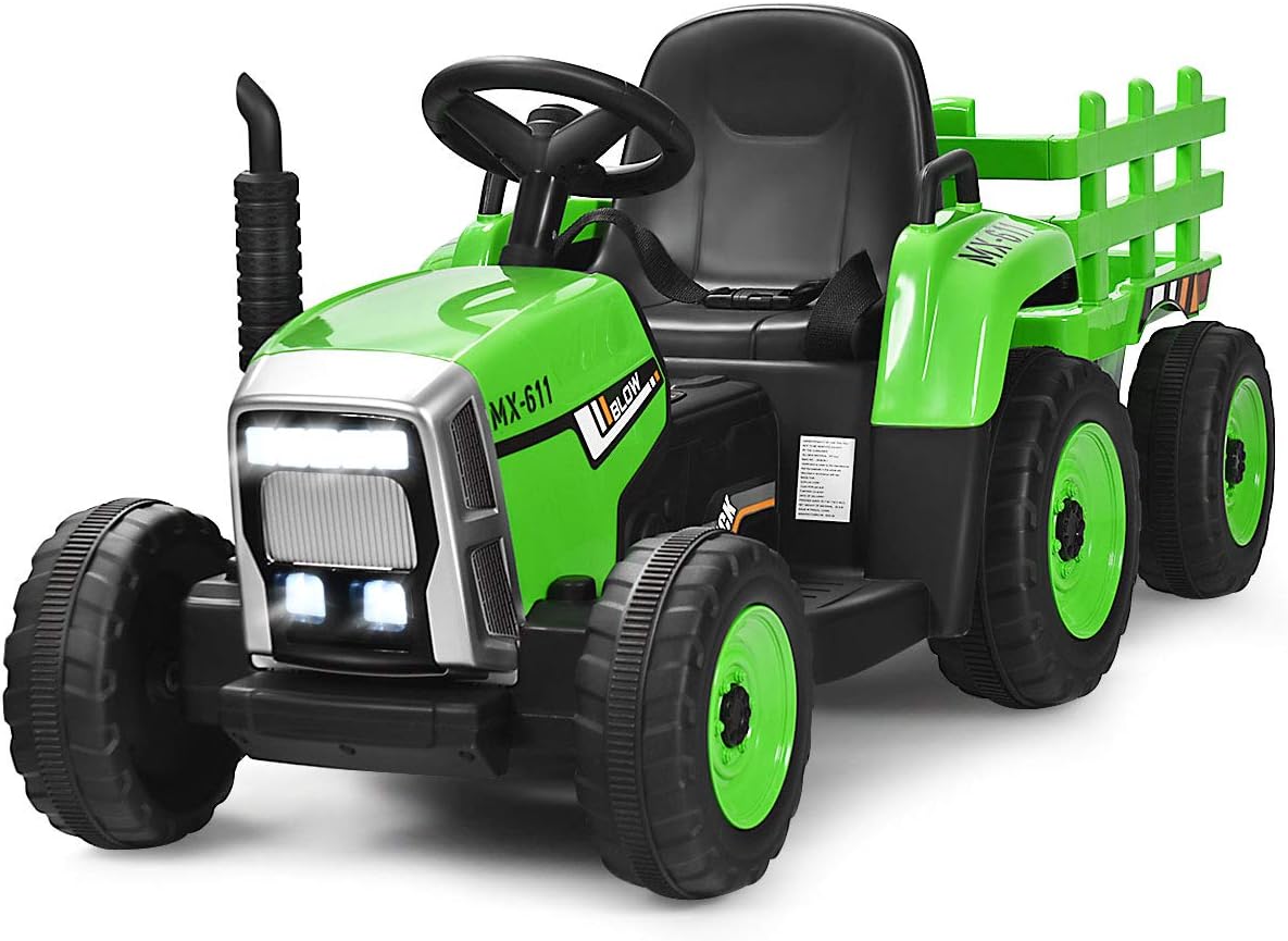 12V Tracteur Électrique Enfants avec Pelle & Remorque Amovible, Véhicule Électrique à 6 Pneus avec Lumière LED & Musique & Klaxon, Télécommande 2,4G, 3-8km/h pour Enfants de 3 Ans+