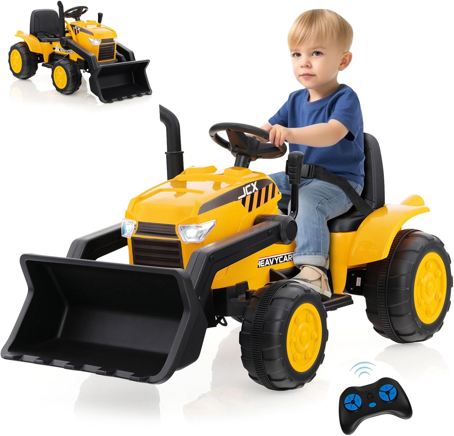 12V Tracteur Électrique Enfant, Voiture Electrique Enfant avec Bras et Godet Flexibles& Télécommande 2,4G, Musique & Roues Antidérapantes, Cadeau Enfants 3-8 Ans