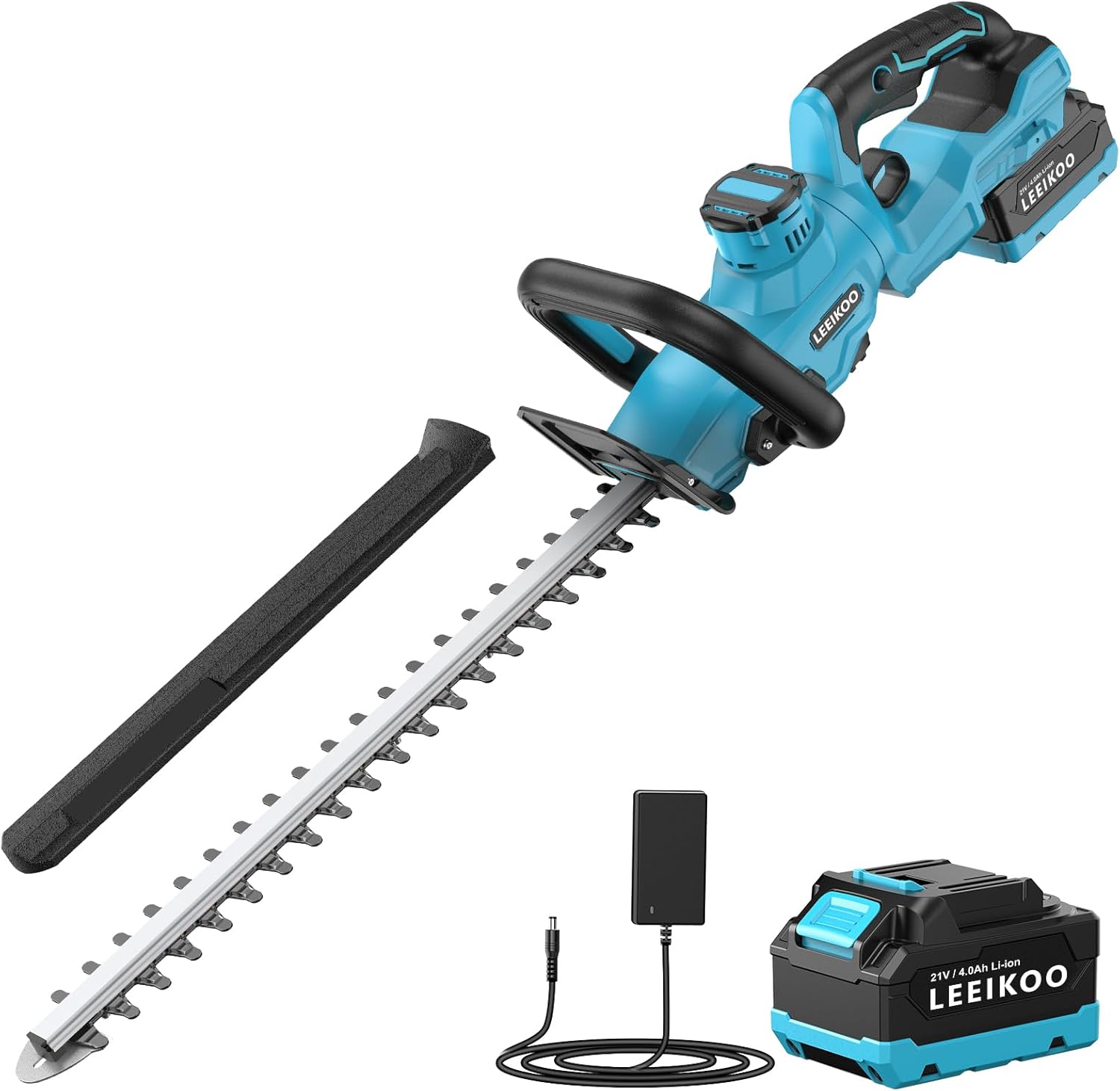 Taille Haie Batterie, LEEIKOO Taille Haie Electrique avec Batterie 4.0Ah, 180°Réglable, 51 cm Longueur de Coupe, 16 mm Écartement des Dents, Couvercle Lame pour Haies, Branches, Arbustes, Rameaux