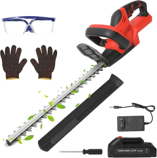 Taille-haie Professionnel sans Fil 21V avec 7500mah Batterie et Chargeur Rapide, Double Lame de Coupe, Diamètre de Coupe 15mm, Longueur de Coupe 55 cm, pour Le Jardin, la Pelouse et la Cour (Rouge)
