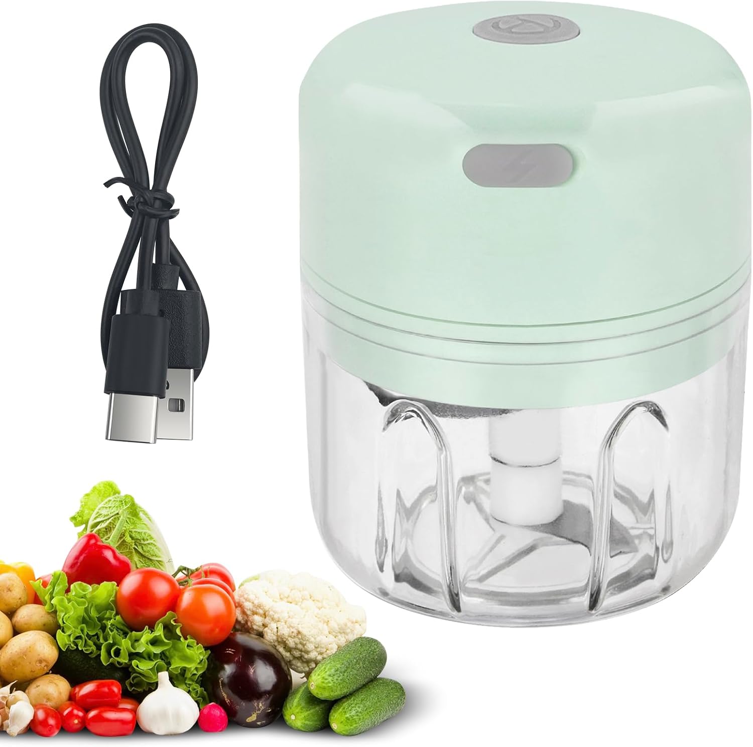 Baxcdyswe Hachoir Électrique 250 ml, Mixeur Hachoir Rechargeable USB, Portable Mini Coupe Legumes avec 3 Lames en Acier Inoxydable pour Oignon, Ail, Viande, Légumes et Les Fruits (Vert)