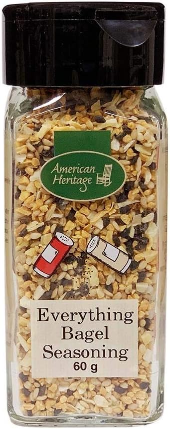 American Heritage Everything Bagel Seasoning, mélange d’épices avec ail rôti, oignons, sésame, graines de pavot et sel de mer californien, idéal pour fromage frais, sandwichs, viandes et plus, 60 g