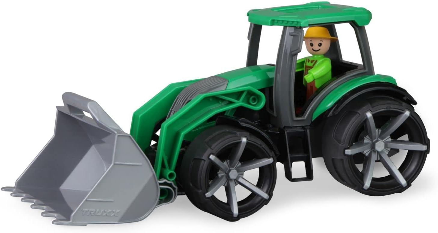 Lena 04517 Truxx² Tracteur avec pelle avant, Véhicule utilitaire env - 34 cm, Tracteur robuste avec pelle et figurine de jeu entièrement mobile, pour enfants à partir de 2 ans, Véhicule jouet Vert/noir