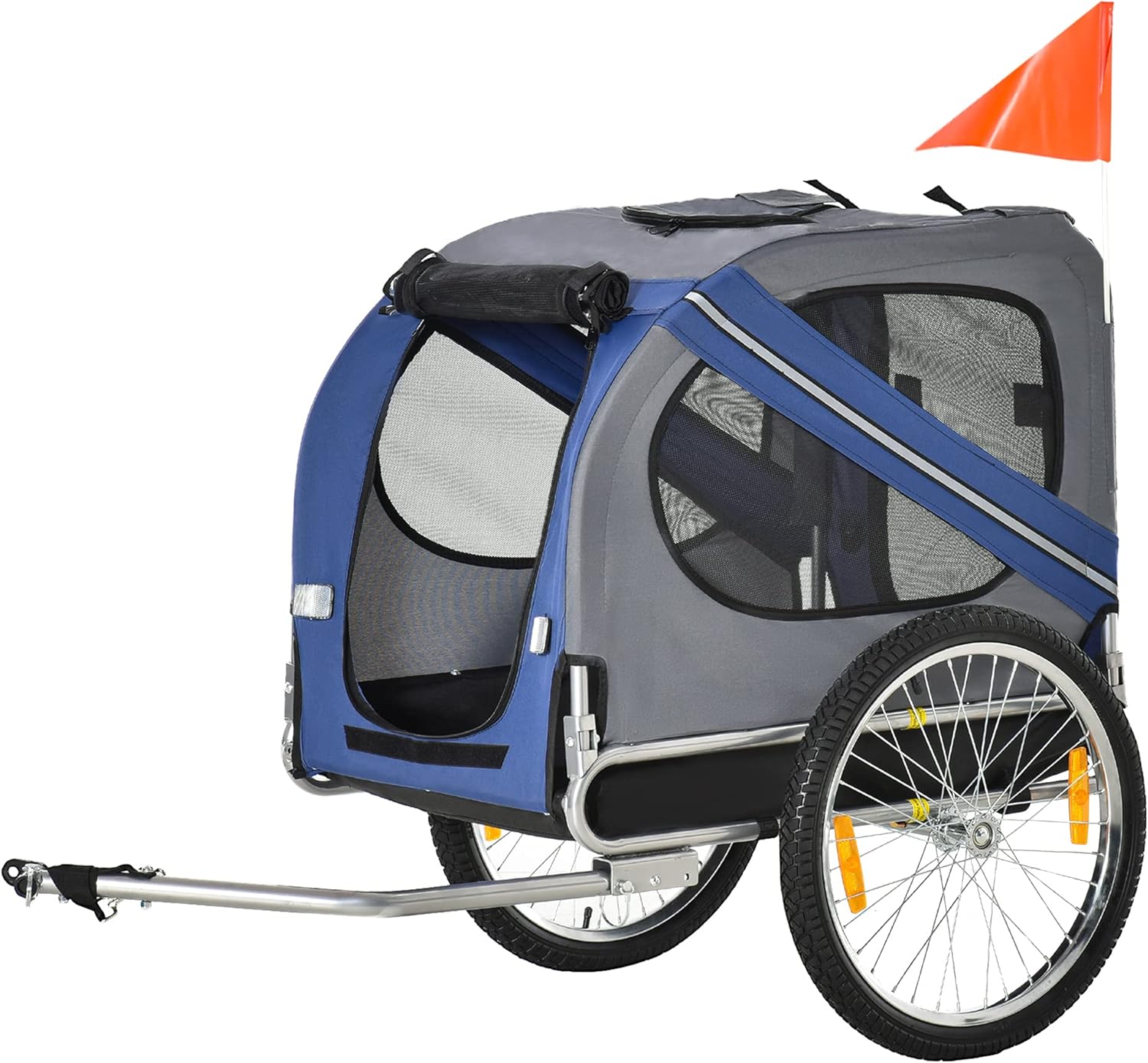 Remorque vélo pour Chien Animaux Pliable 8 réflecteurs Drapeau Barre attelage Inclus Acier Polyester imperméable Max - 30 Kg 130L x 73l x 90H cm