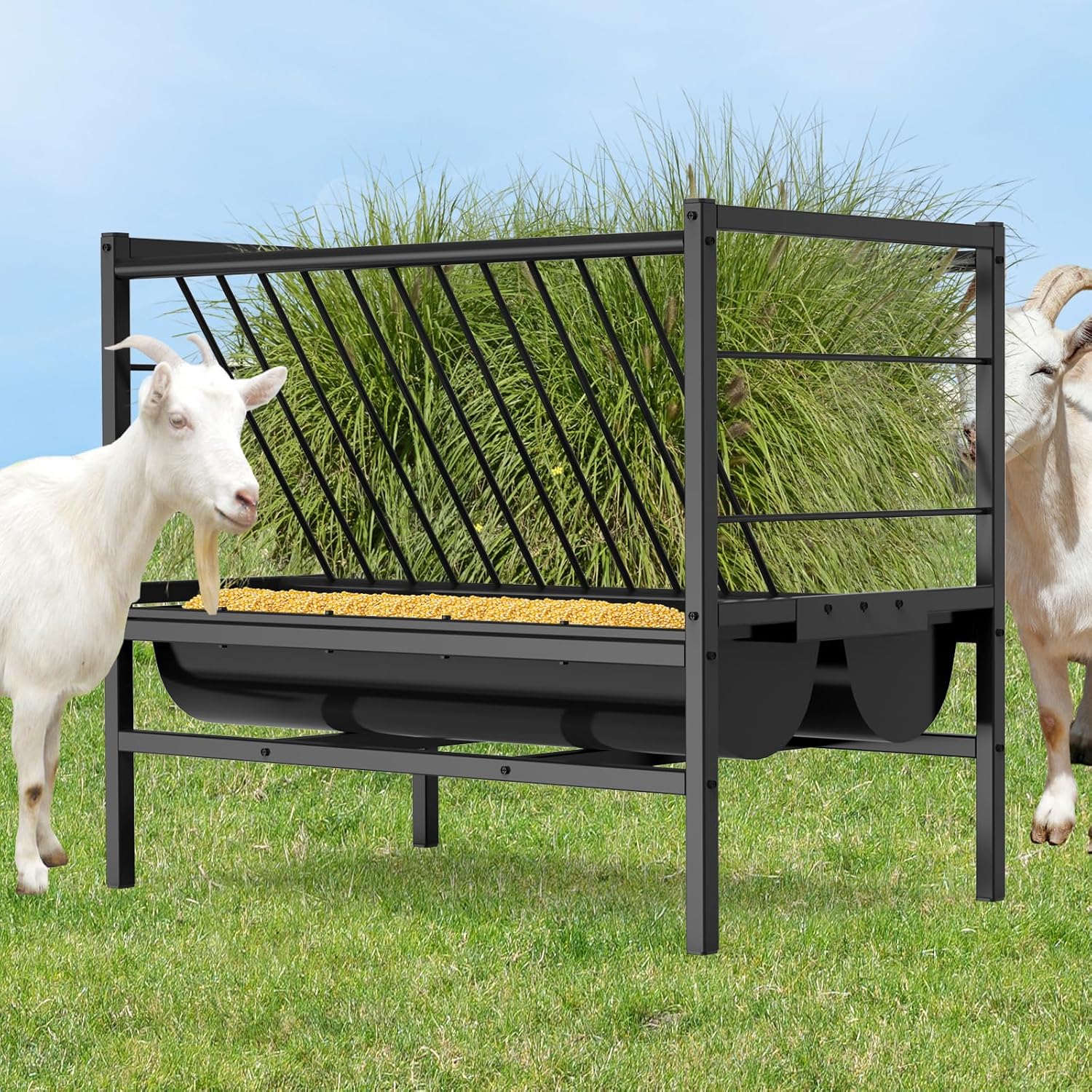 Grand RâTelier à Foin pour ChèVres 2 en 1 Mangeoire à Foin et à Grains RâTelier à Foin pour Chevaux en Acier Galvanisé pour ChèVre Moutons Cheval BœUf 107*65*90cm