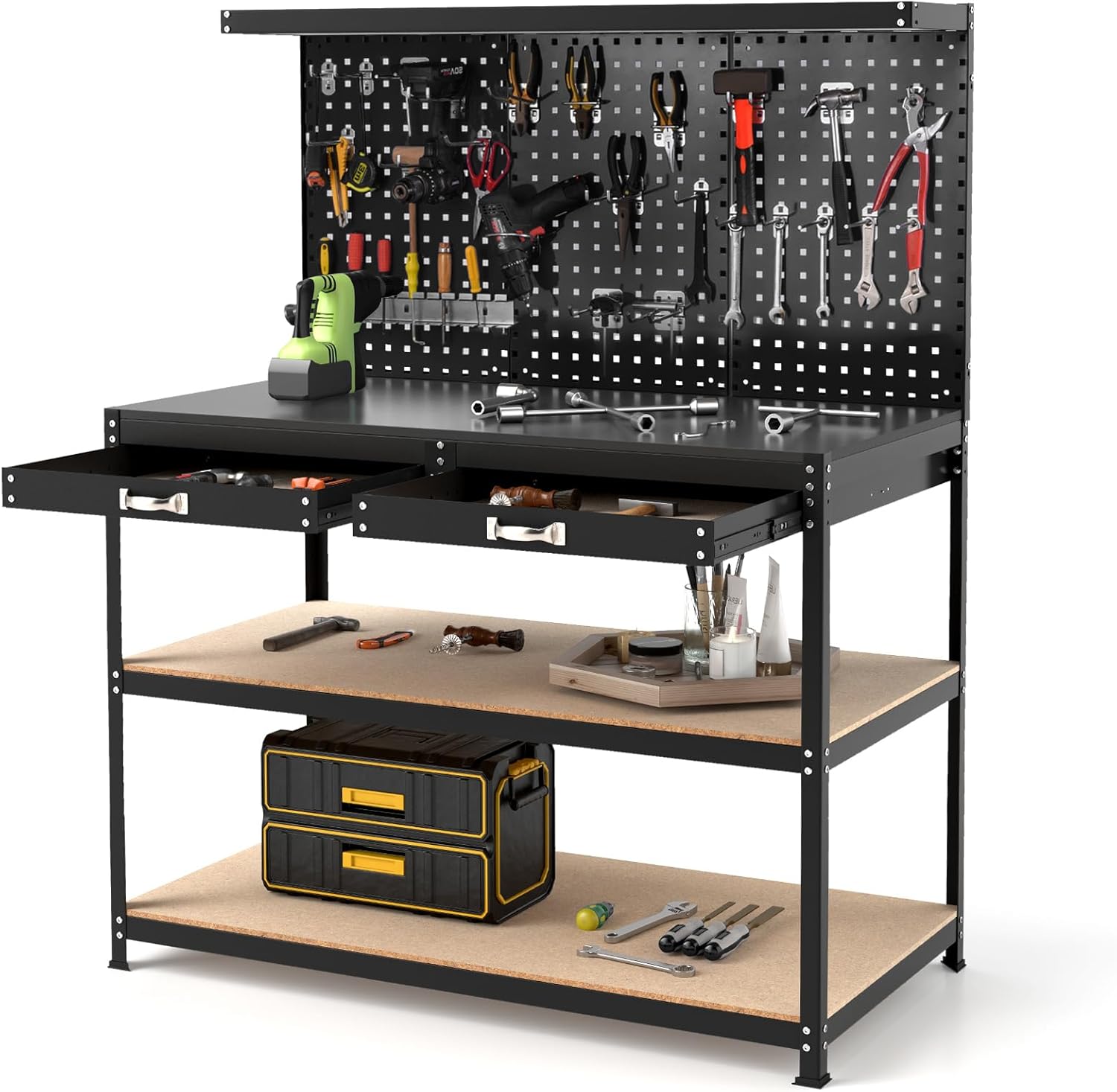 Établi Garage Atelier avec Rangement d'Outils, Table de Travail avec Panneau Perforé, 24 Crochets, 2 Tiroirs, 2 Etagères Ouvertes, Charge Max - 230 KG (Noir)