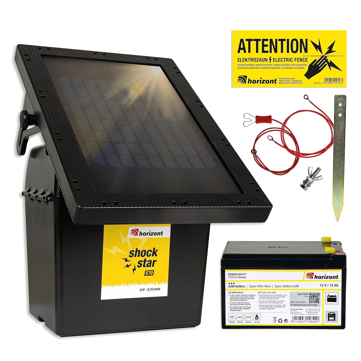 électrificateur solaire 9 V / 12 V - shockstar S70 avec panneau solaire 10 W et batterie 12 Ah - pour une longueur de clôture jusqu'à 12 km