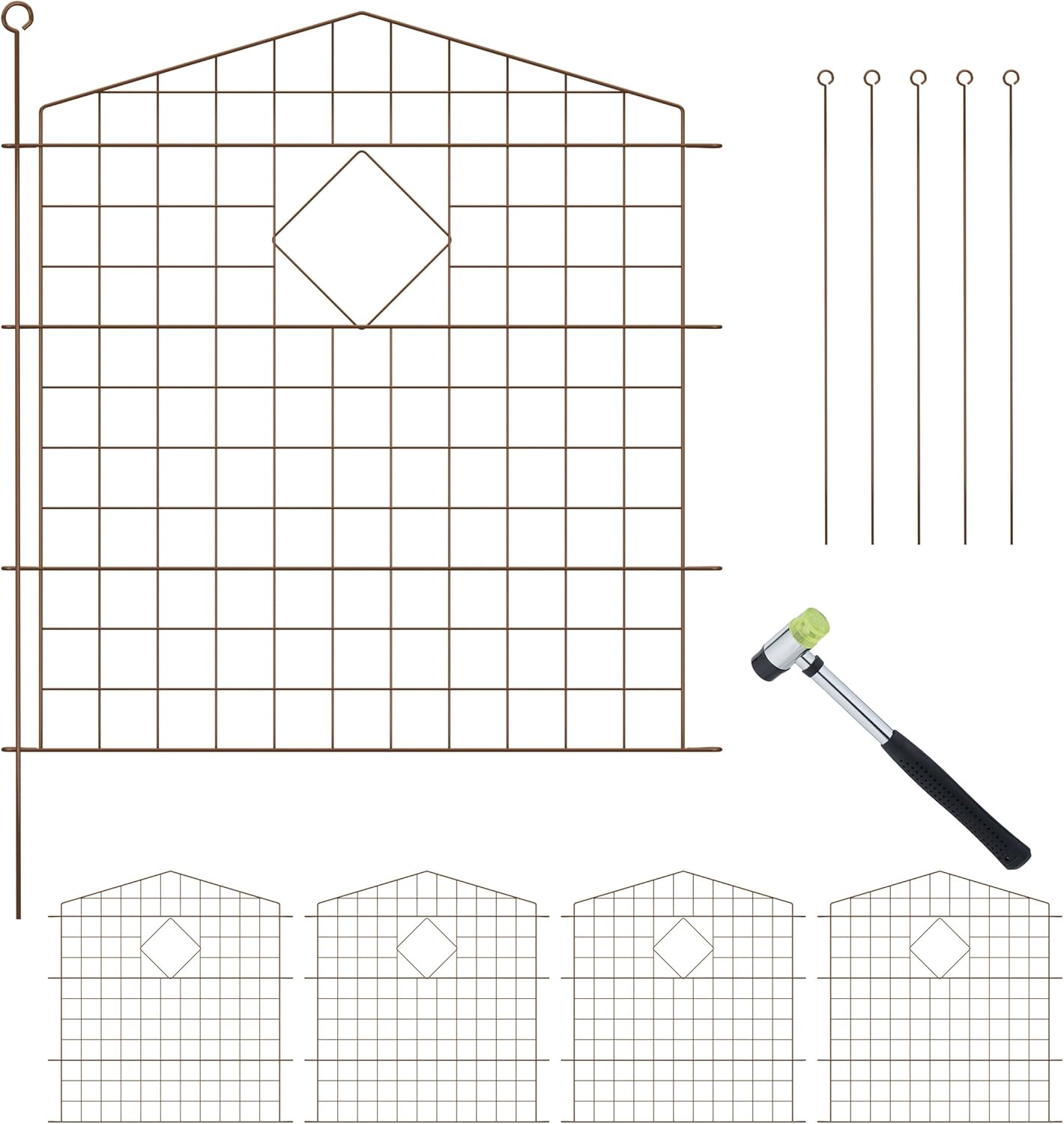 Barrière de Jardin, métallique, piquets à Planter, 5 éléments chacun H x L : 78 x 75 cm, Marron
