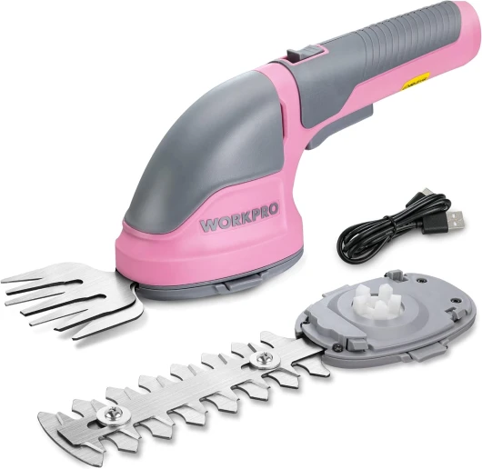 Cisaille Sculpte-Haie et Taille-Herbes sans Fil 3,6V, Cisaille à Gazon avec 2 Lames, Largeur/Longueur de Coupe 7,5 cm/12 cm, Batterie 2000mAh et Type C, pour Coupe, Elagage, Gris Rose