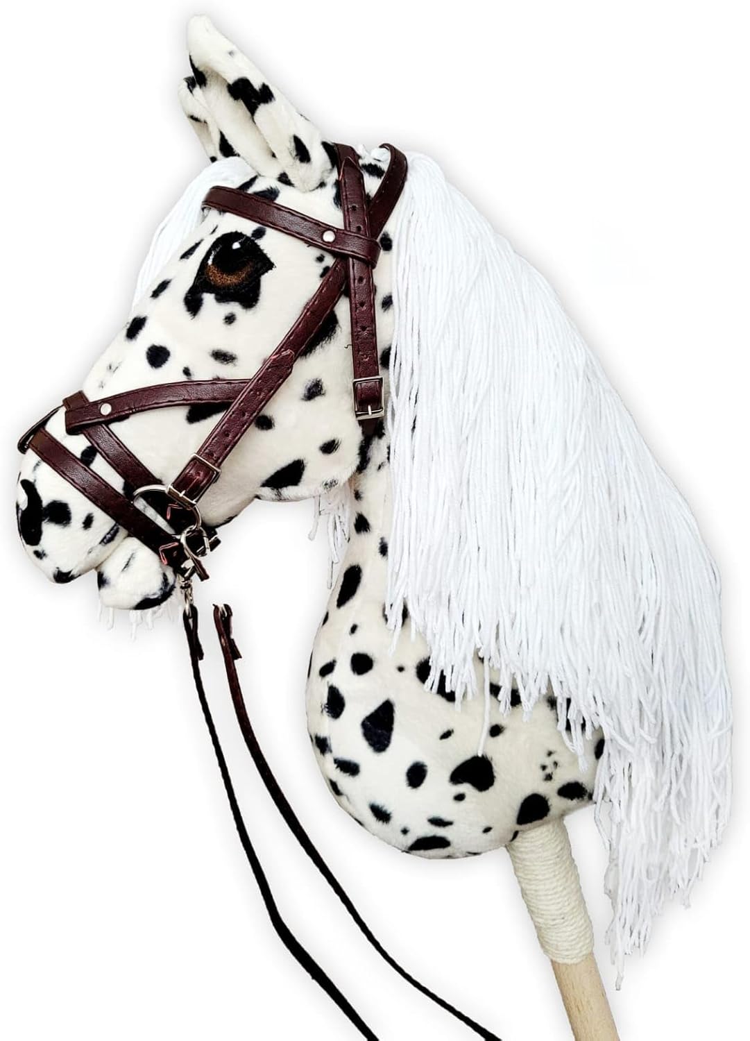 HORSE & toys Hobby Horse Grand format A3 (cheval sur un bâton) Blanc pour enfants, avec harnais, 100% fait main, matériaux de haute qualité, taille 26 cm × 33 cm