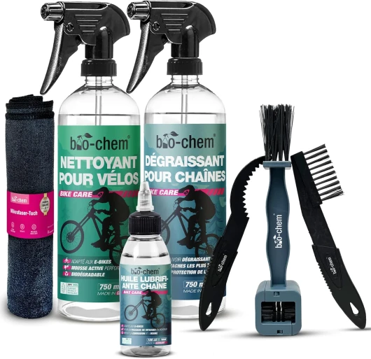 Bio-chem - Profi Set 7 produits pour entretien de vélo, vtt - Nettoyant complet 750ml - Dégraissant chaînes 750ml - Huile lubrifiante 100ml - Chiffon et brosses inclus