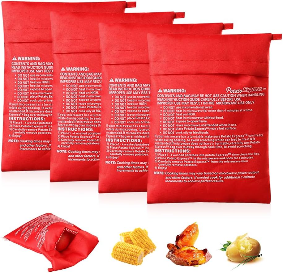 4 Pièces Sac Cuisson Pomme de Terre Micro Ondes,Sachet Micro Ondes Patate,Sac à Pomme de Terre Raclette,Potato Express,Sac à Patate Conservation,Sac Cuisson four Réutilisable - Rouge