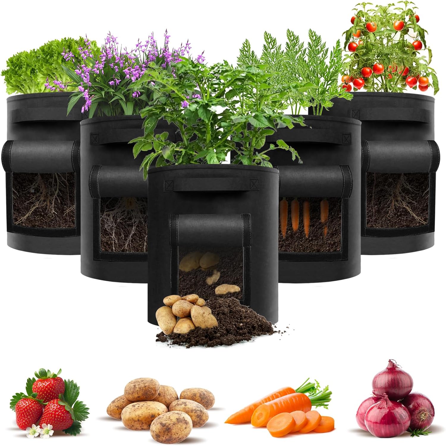 Sac Plantation Pomme de Terre, 43L Lot de 5 Respirant Sac de Plantation avec Fenêtre et Poignées Sacs a Plantes Grande Grow Bags Non Tissé pour Tomates, Potager, Carottes, Fraises Noir