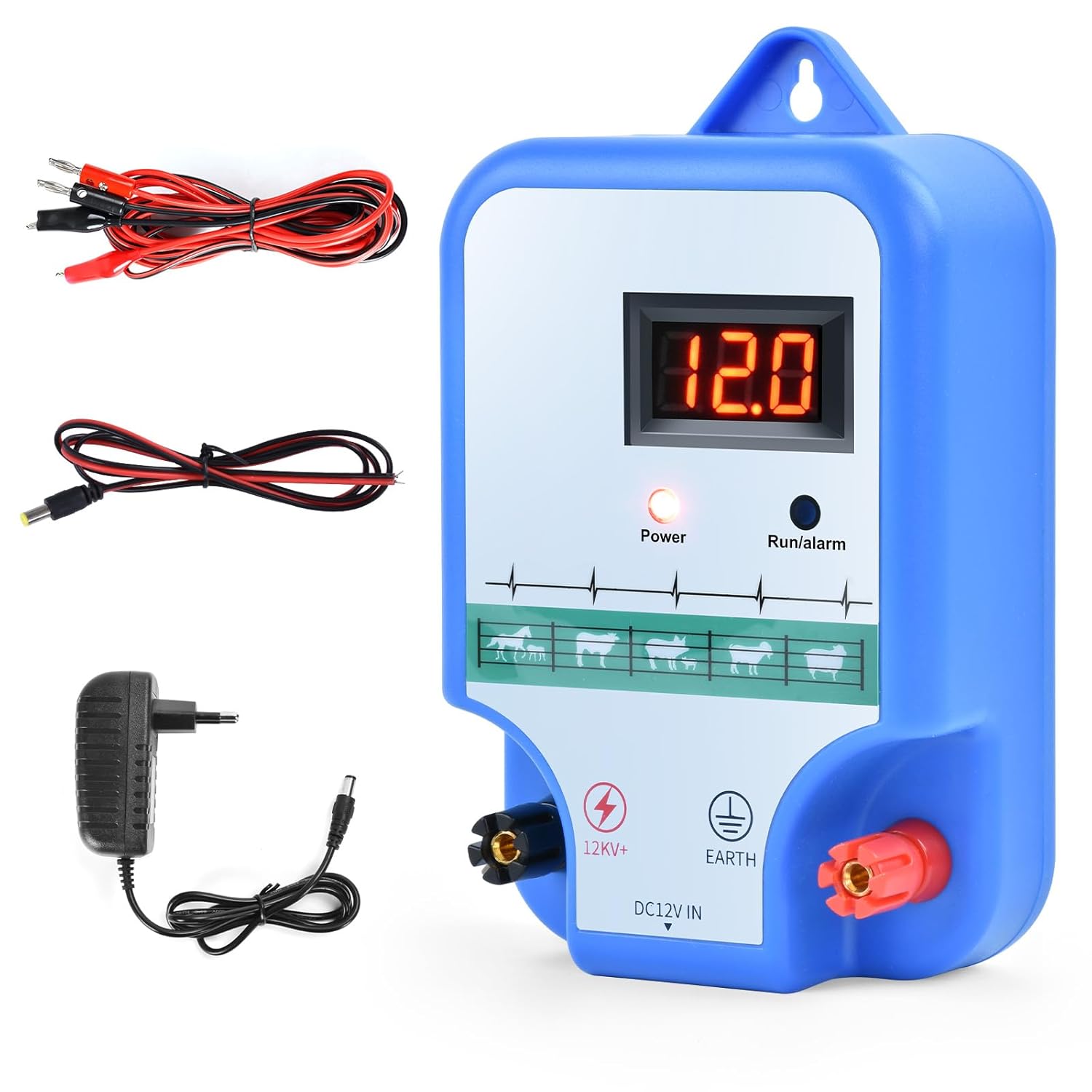 10KM Clôture électrique pour bétail, Électrificateur de clôture électrique, Contrôleur haute tension pour clôture pour moutons, bovins, chevaux et volailles Outil d'énergisation (Bleu)