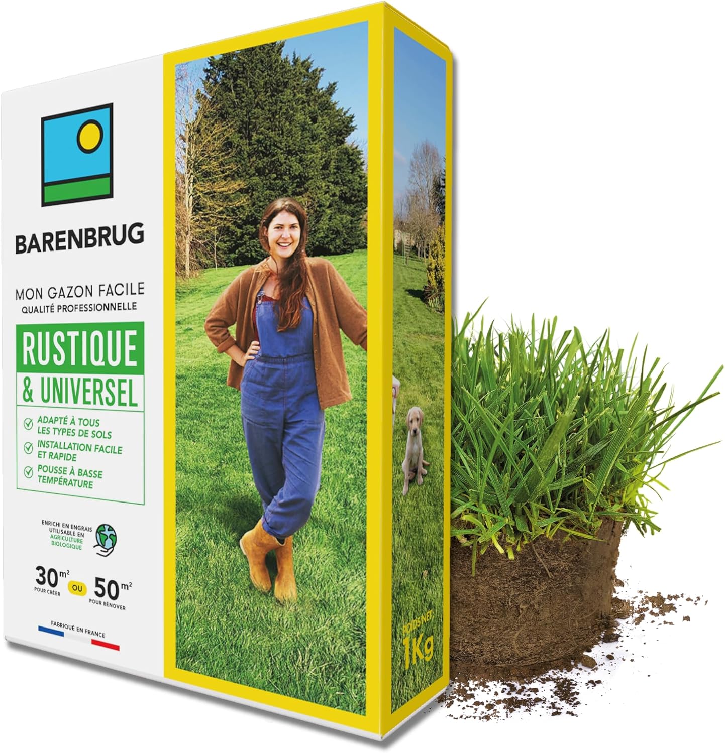 Gazon Rustique & Universel - Adapté Tous Sols - Installation Facile et Rapide - Pousse à Basse Température - Engrais Compatible Agriculture Biologique - Fabriqué en France - 1KG