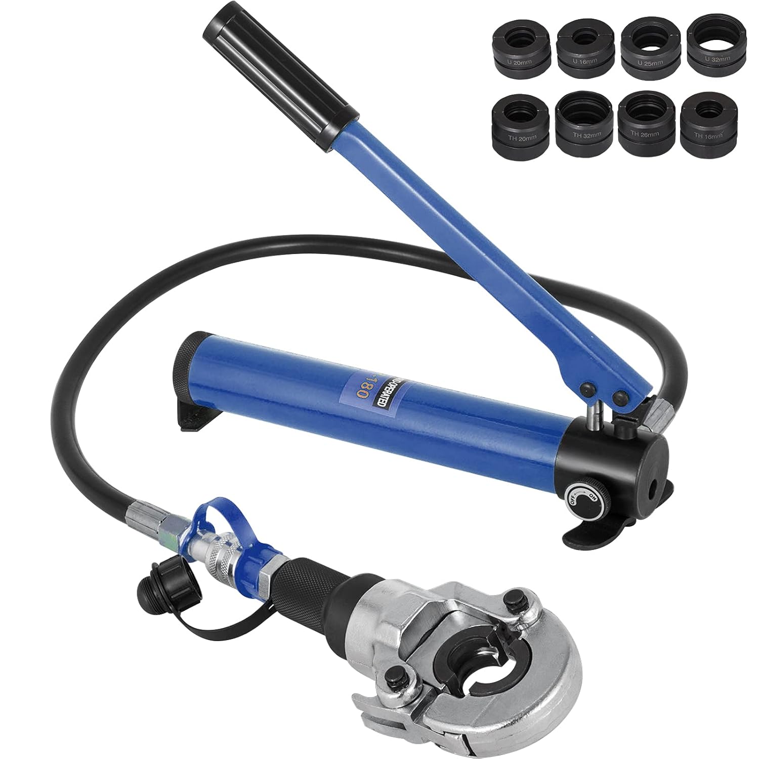 Pince à Sertir Hydraulique Forme TH/U 16-20/25-32 Kit De Pince De Sertissage Multicouche Force de Pression 6 T Sertisseuse Tête Pivotante à 360°, avec Bouteille pour Tuyaux en Aluminium, PEX, PB