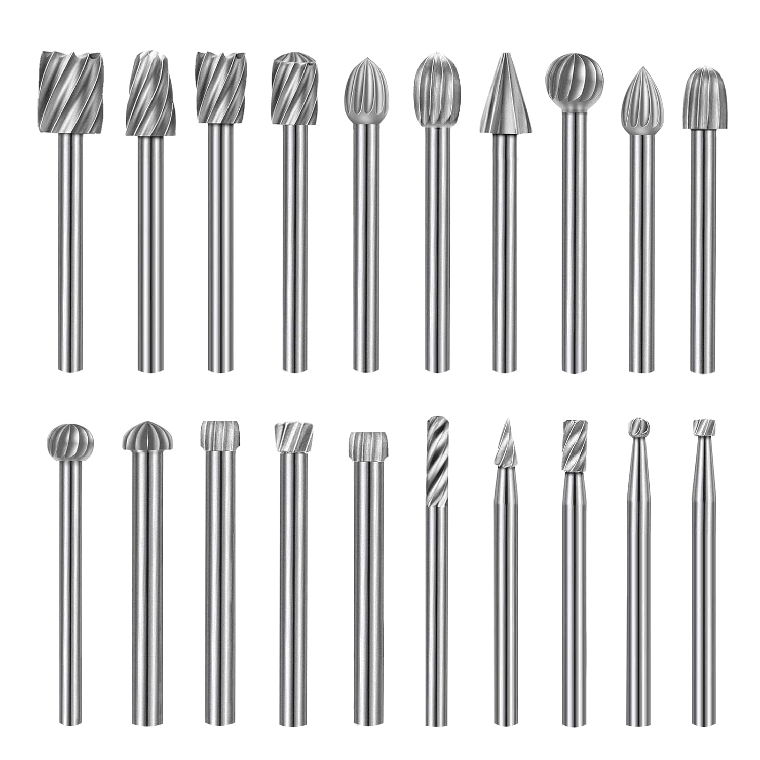 20 Pcs Fraises Rotatives,Jeu de Fraises en Carbure,HSS Burrs Rotatives Embouts Compatible avec Dremel,Tige 1/8''(3mm) Outil Rotatif Pour Meuleuse Travail du Bois, Polissage Métal, Gravure, Perçage