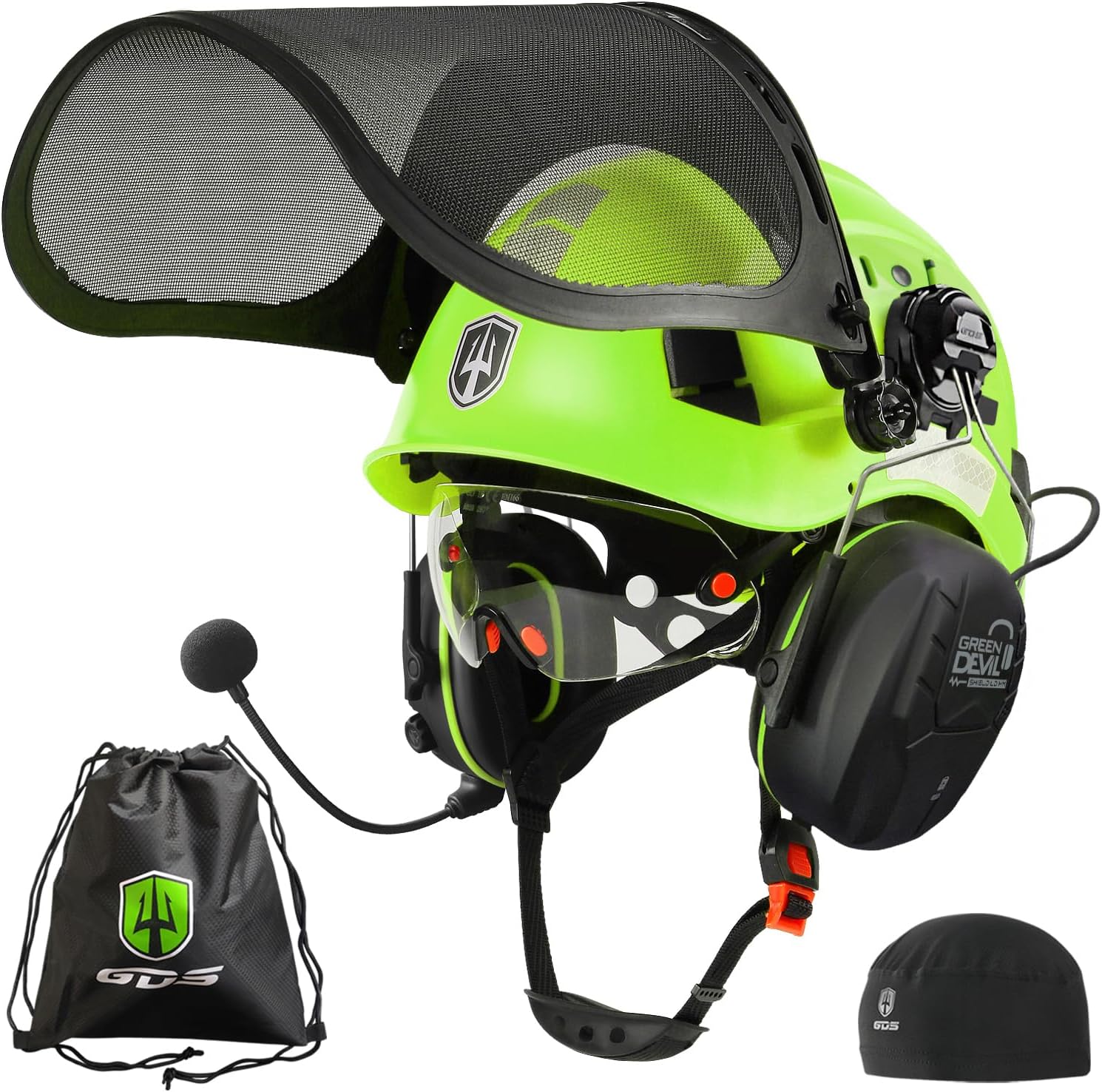 GREEN DEVIL Casque de Protection pour tronçonneuse, Casque de Protection forestière, Casque de sécurité avec Protection auditive et visière 3 en 1 Mise à niveau verte avec casque antibruit Bluetooth et lunettes de protection intégrées