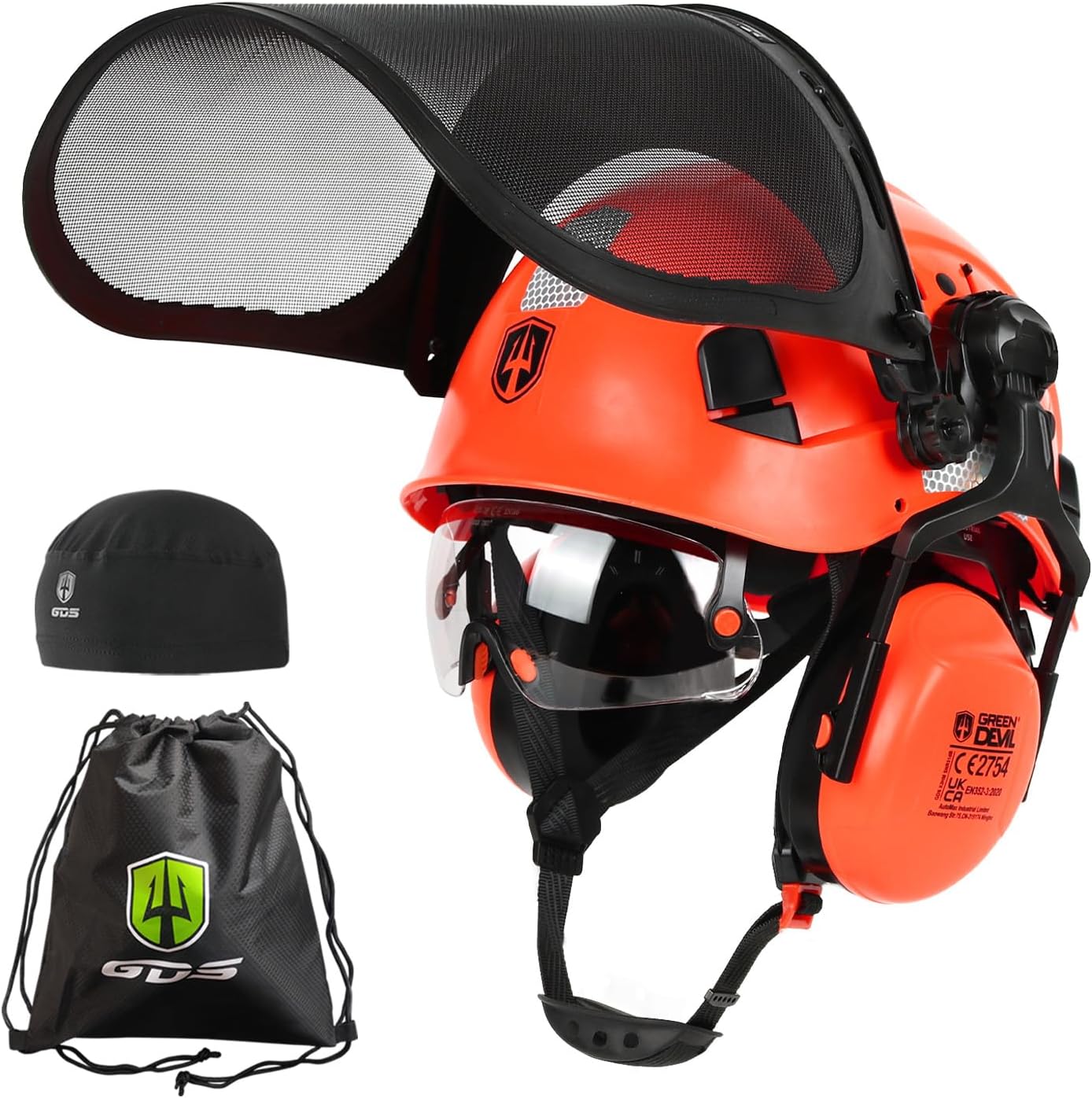 GREEN DEVIL Casque de protection pour tronçonneuse - Certifié EN397 - Système 5 en 1 avec protection du visage en maille - Visière et cache-oreilles intégrés - Ventilé - Pour le travail du bois et le Orange Forest Built-in CV