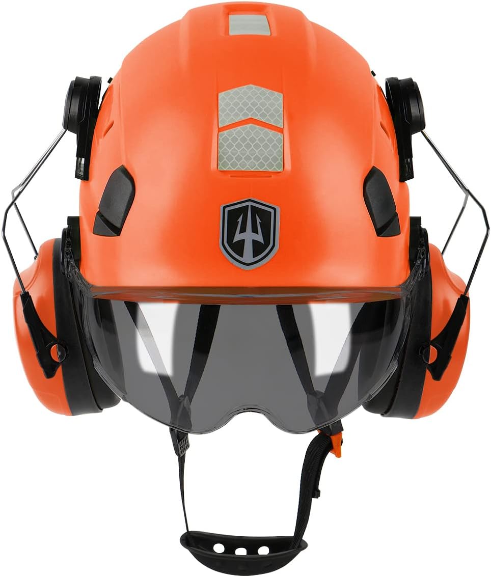 GREEN DEVIL Casque de Protection avec visière Transparente et Protection auditive - Casque de sécurité ABS réglable - Casque de Construction ventilé avec Casque Industriel en 397 (Vert) Orange Somkevisor