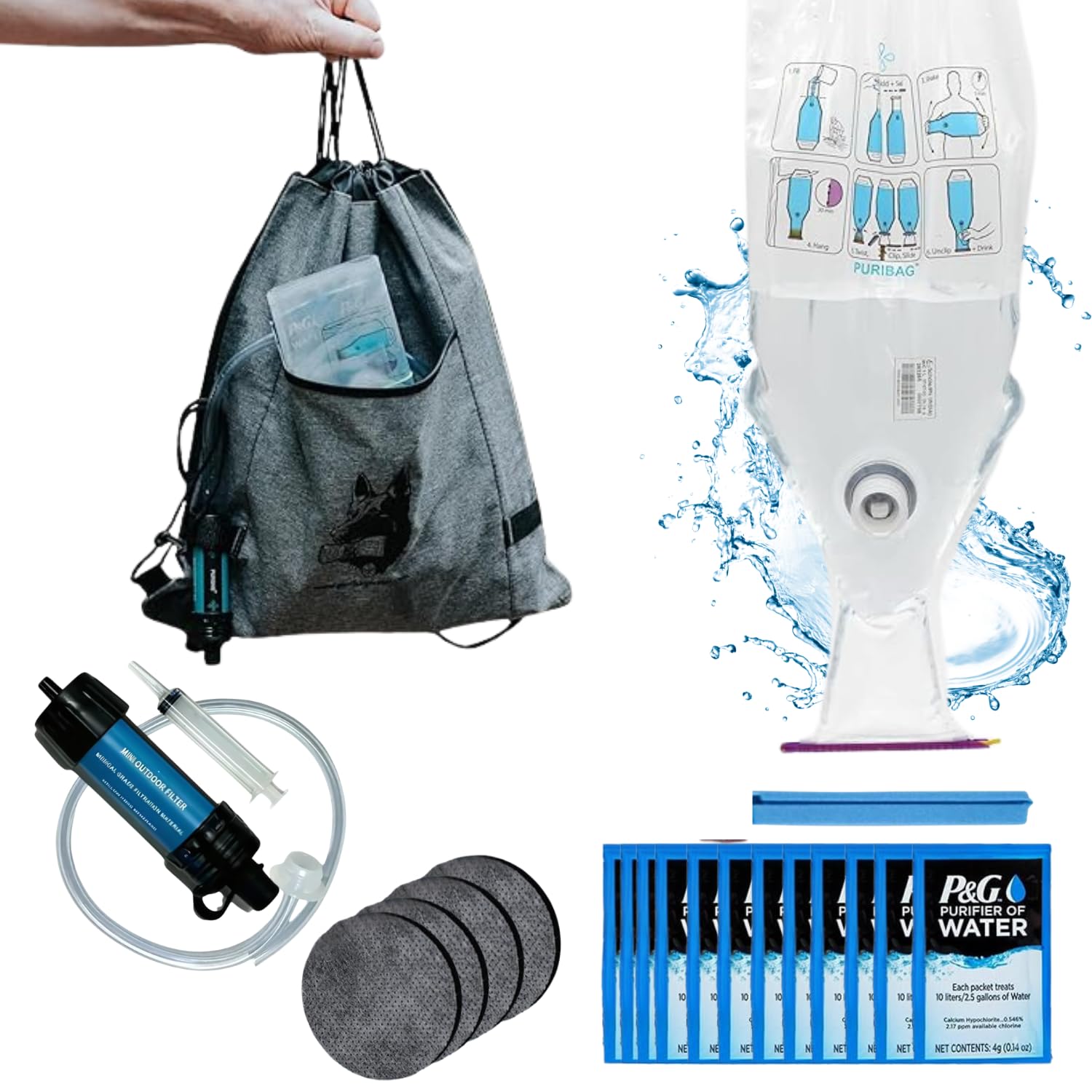 Puribag Filtre à eau à gravité Pro Kit - Système de filtration d'eau portable 4 en 1 pour la randonnée, le camping et les urgences - S'accroche n'importe où, filtre l'eau