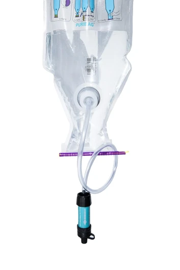 PURIBAG Système Professionnel Filtre à Eau par gravité - Système de Filtration d'eau Portable 4 en 1 pour Sac à Dos, Camping et Urgence - S'accroche n'importe où, Filtre l'eau